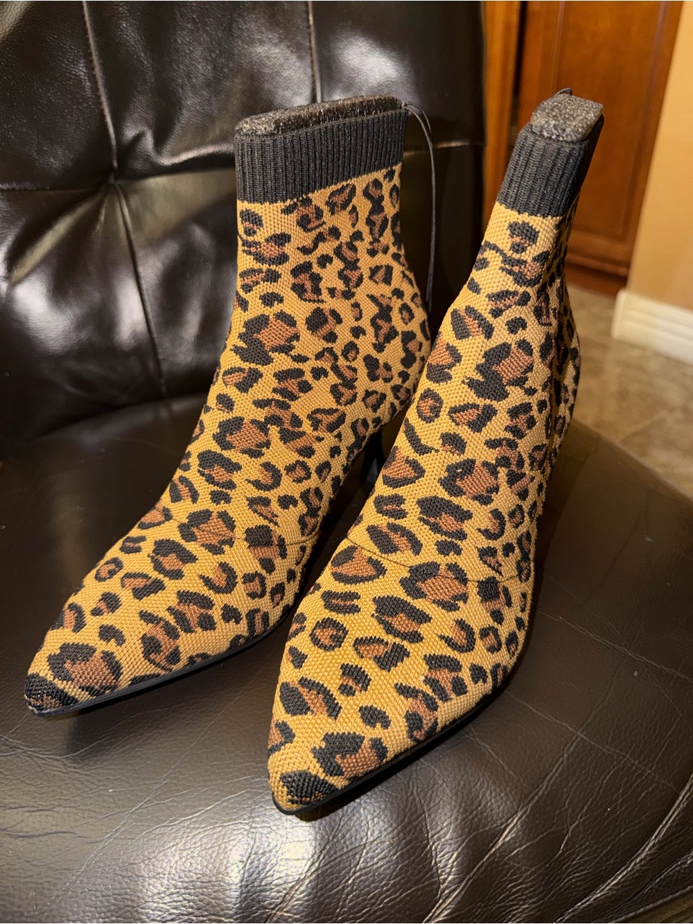Leopard Print Knit Sock Booties - Tan/Black